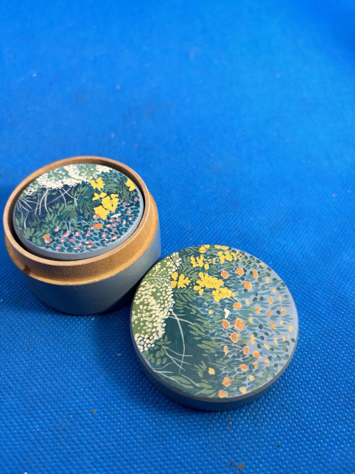 Nesting Trinket Boxes Blue Wood Floral 3 Boxes Small 2 1/2”