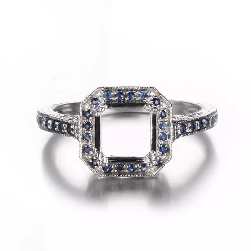 7mm Cushion Cut Semi Mount Ring 925 Sterling Silver Blue Accent Halo Women Ring