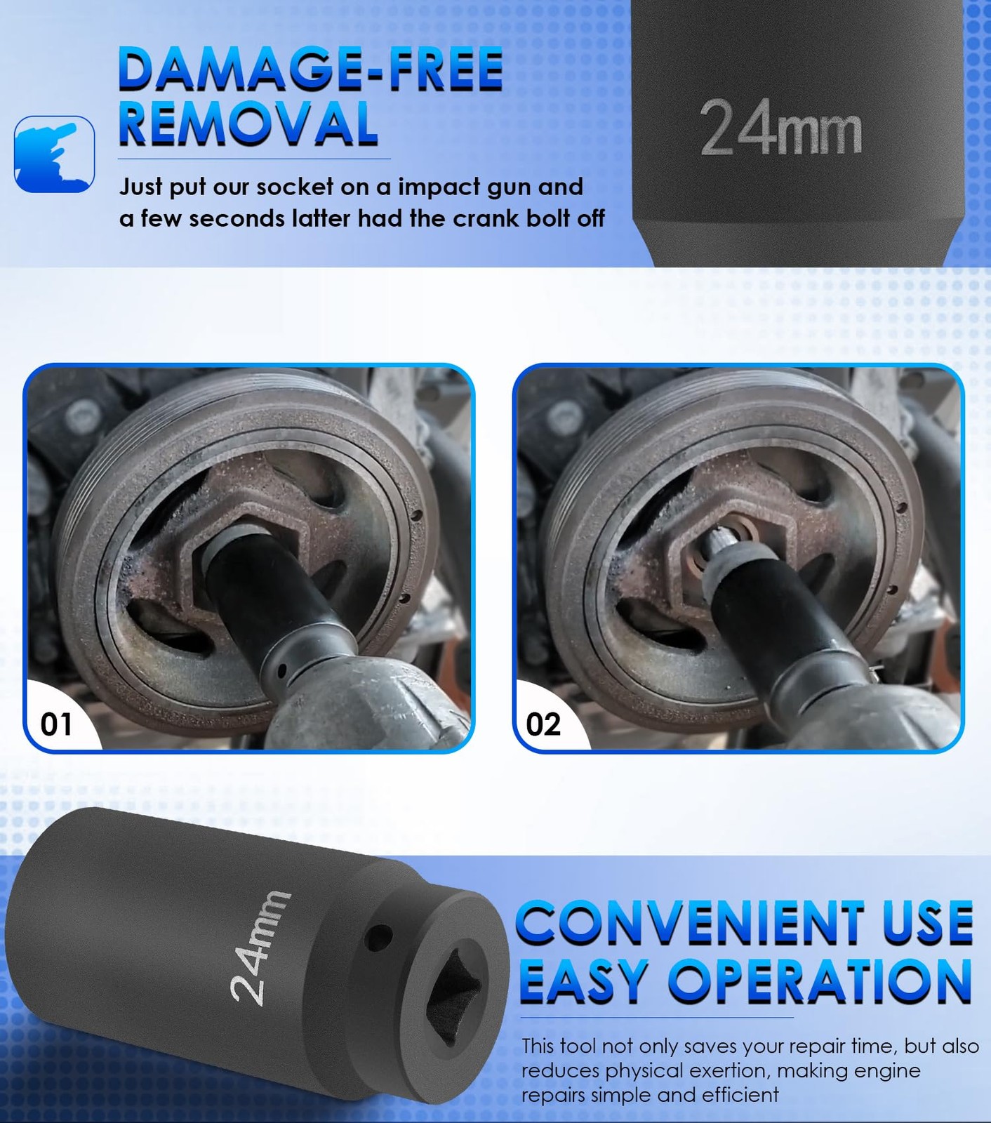 For GM LS 24mm Crank Bolt Socket 77070 Harmonic Balancer Socket Tool, 3 Times Mo