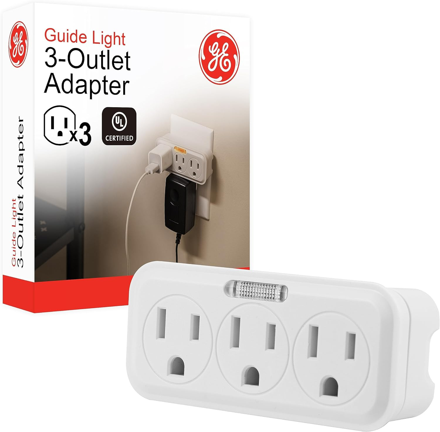 GE 3-Outlet Extender Wall Tap with Guide Light, Grounded Adapter, 3-Prong