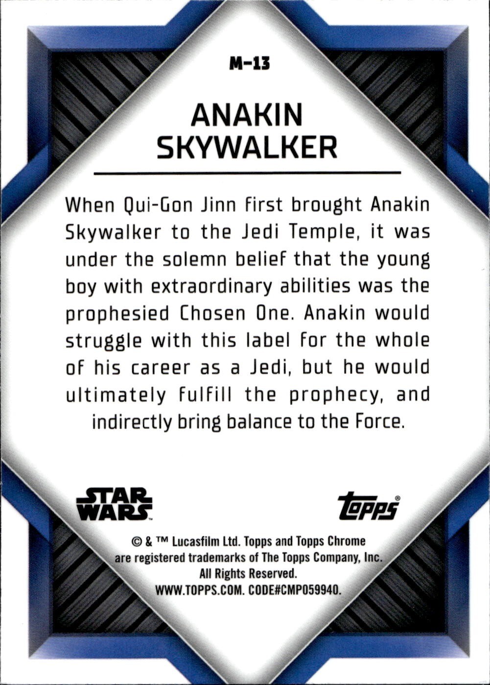 2023 Topps Chrome Star Wars Refractor Monikers Anakin Skywalker Chosen One M-13