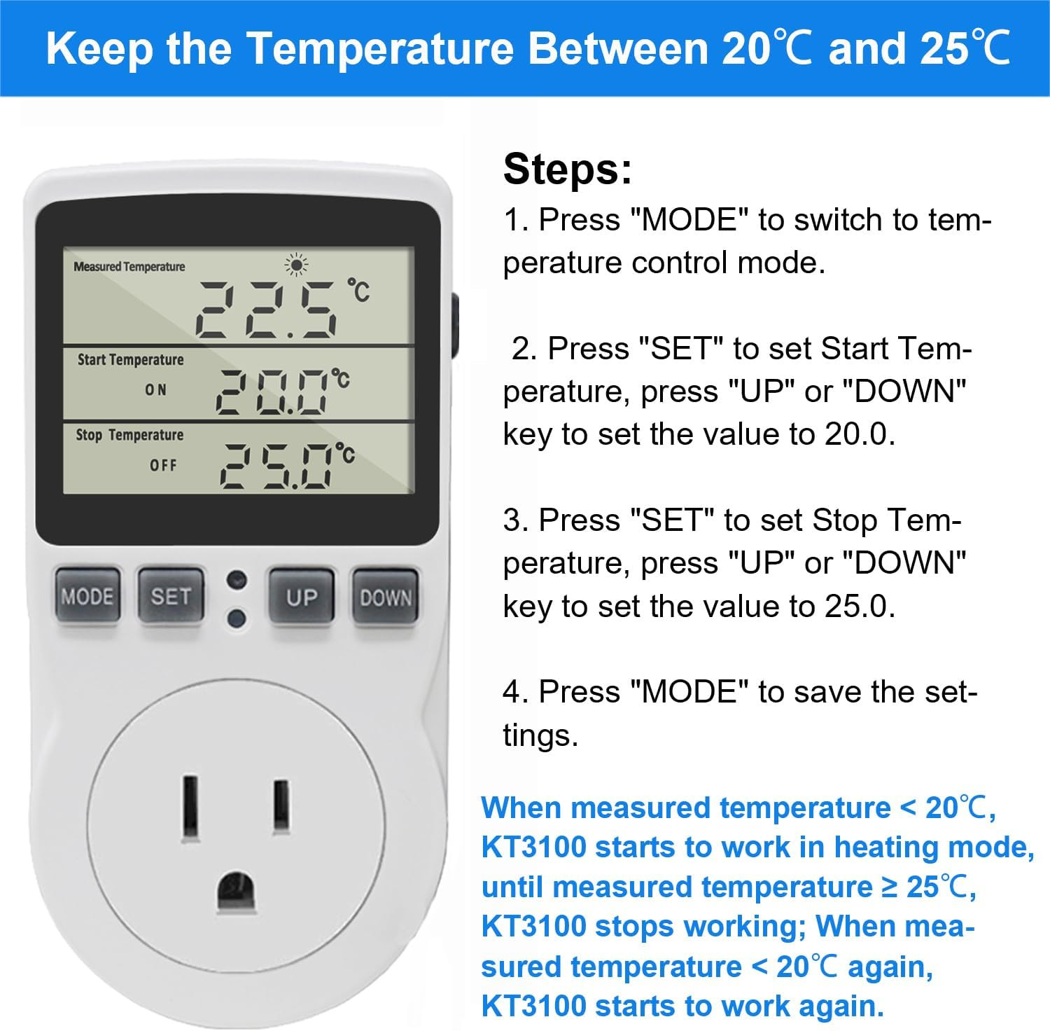 KETOTEK Digital Thermostat Outlet Plug Temperature Controller Outlet Socket 120V