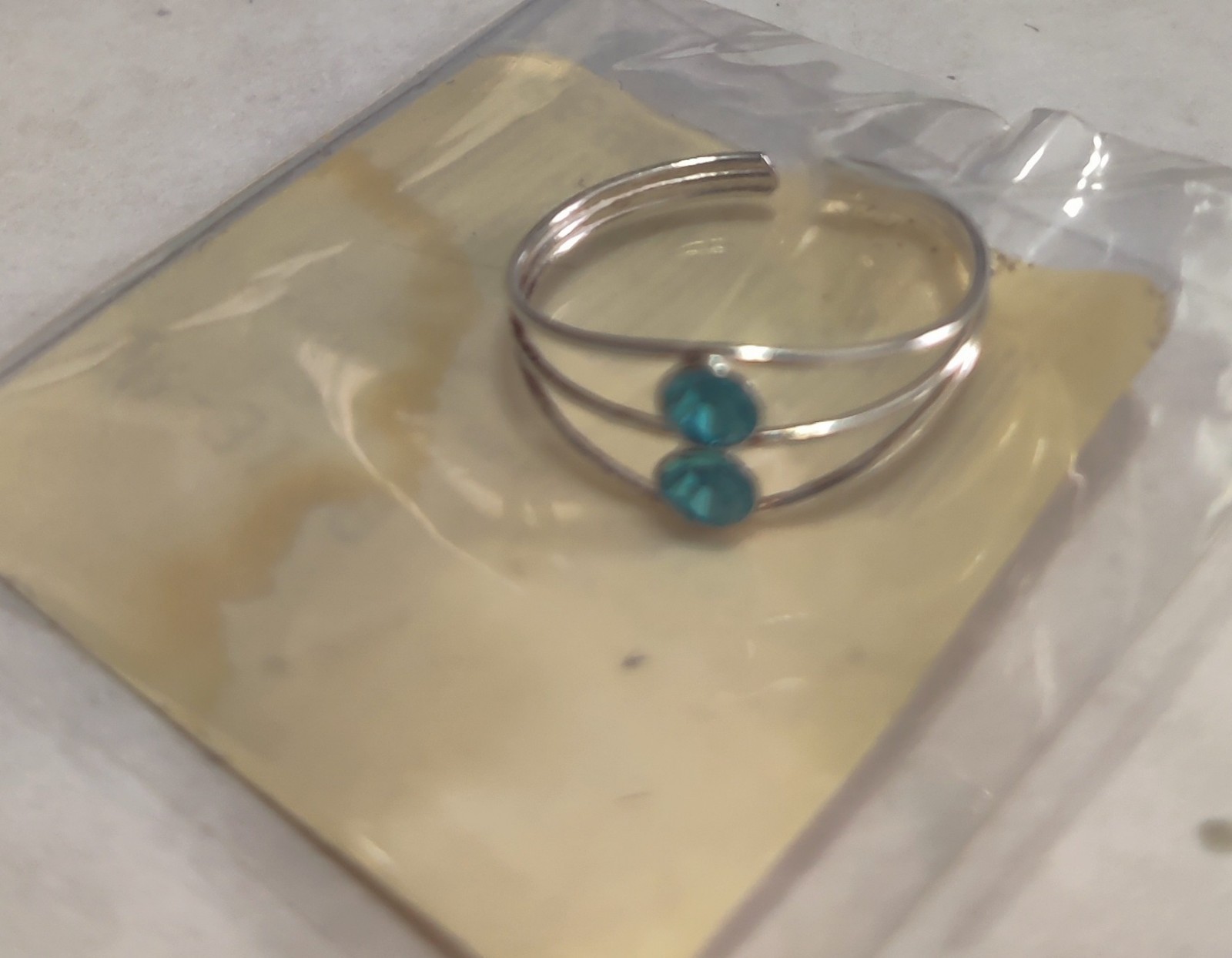 Sterling Silver Triple Open Band With Aqua Colored Crystals Toe Ring