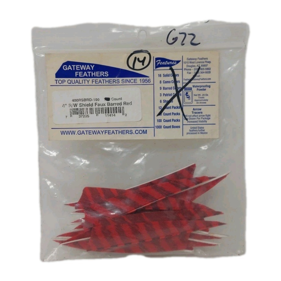 14 Count Gateway Archery Arrow Feathers 4" Right Wing: Shield Faux Barred Red