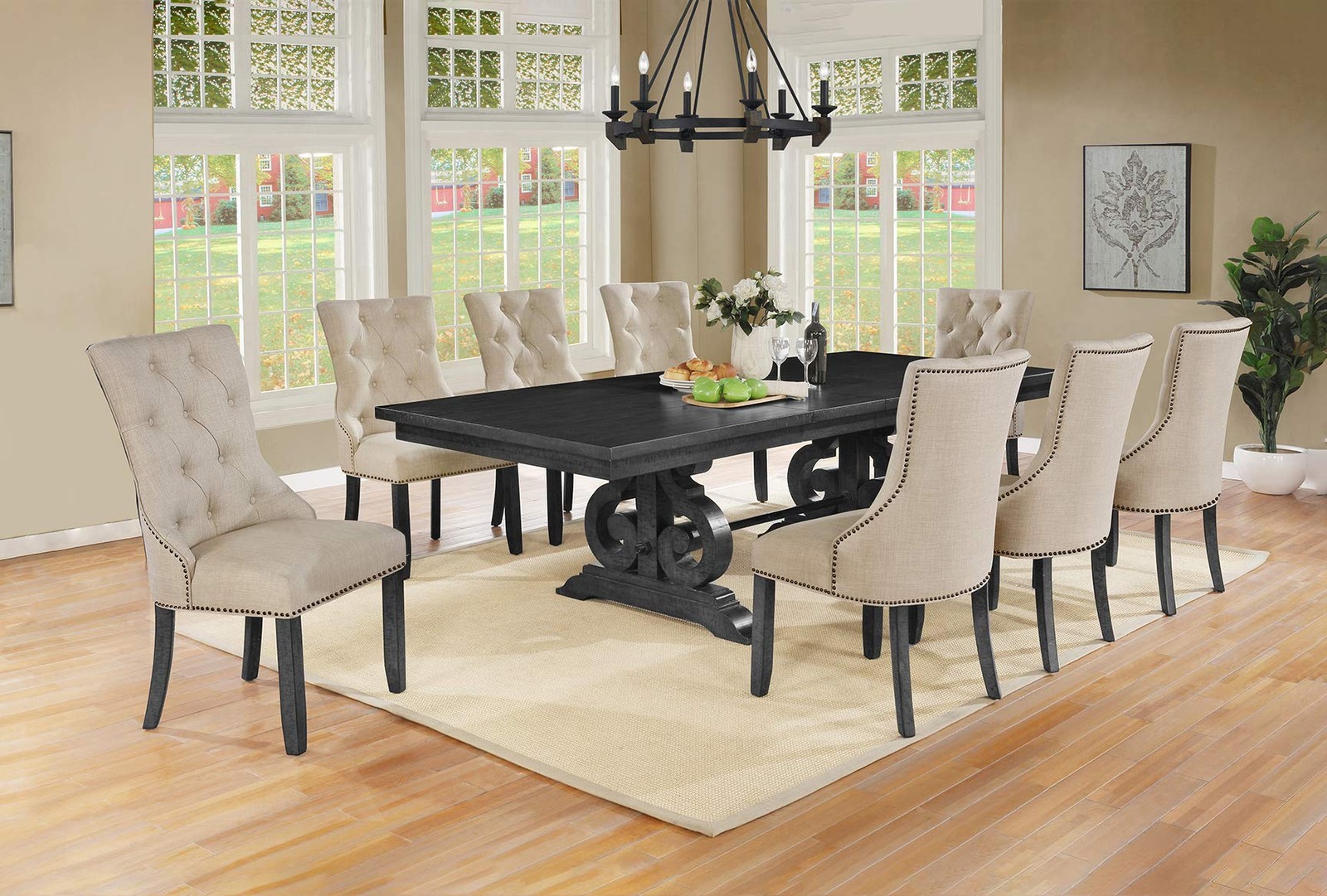 Dark Gray Wood Dining Chair Upholstered with Beige Linen Fabric (Single)
