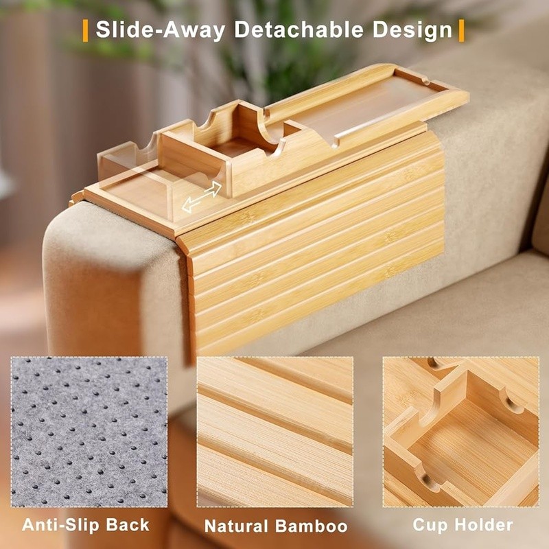 Bamboo Sofa Armrest Tray 2 in 1 Detachable Cup Holder Non-Slip Couch Organizer