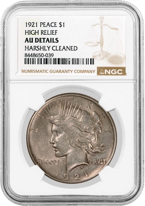 1921 High Relief $1 Silver Peace Dollar NGC AU Details Harshly Cleaned #039