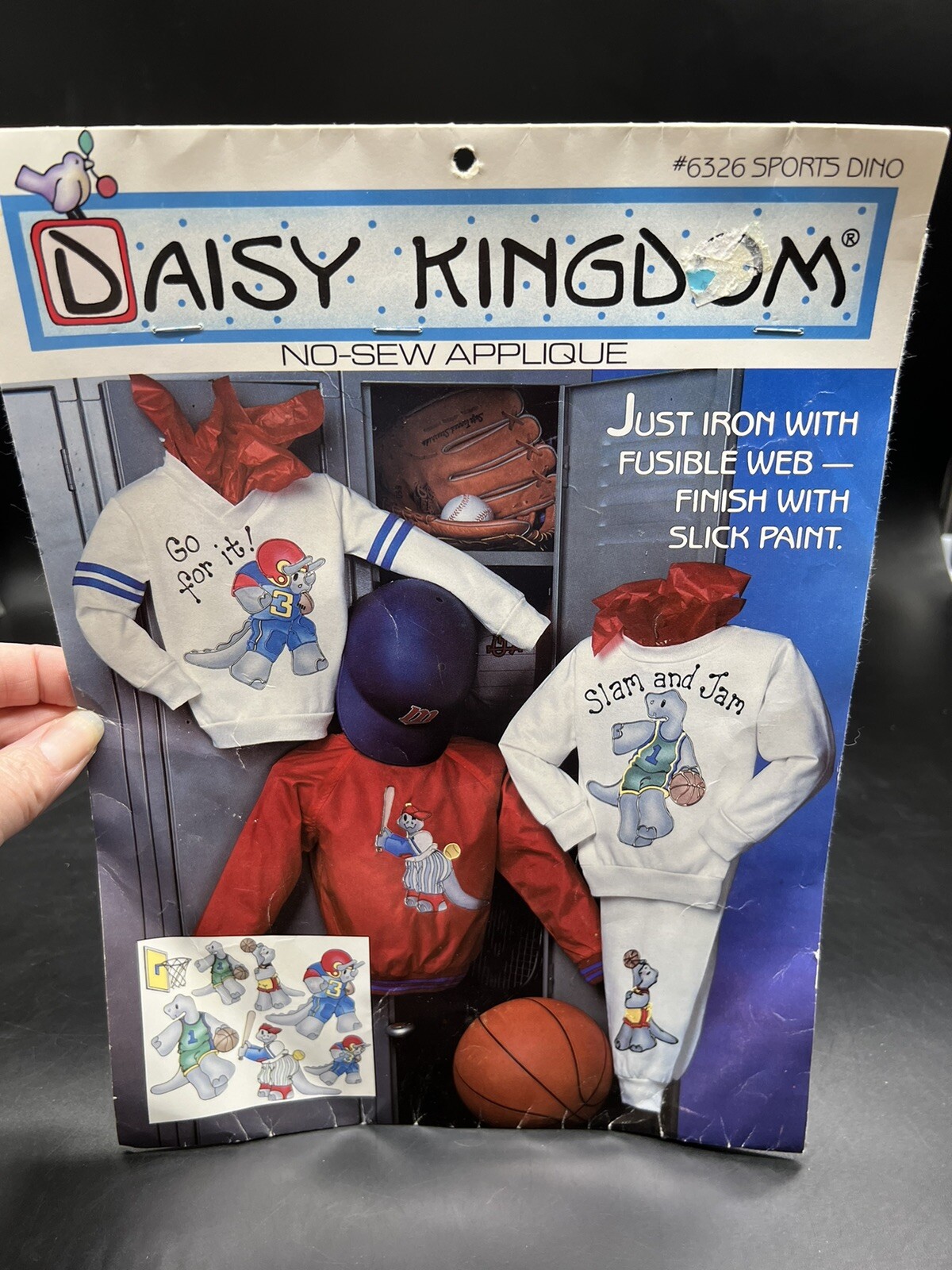 DAISY KINGDOM #6326 Sports Dino No Sew Fabric Applique New Old Stock 1991