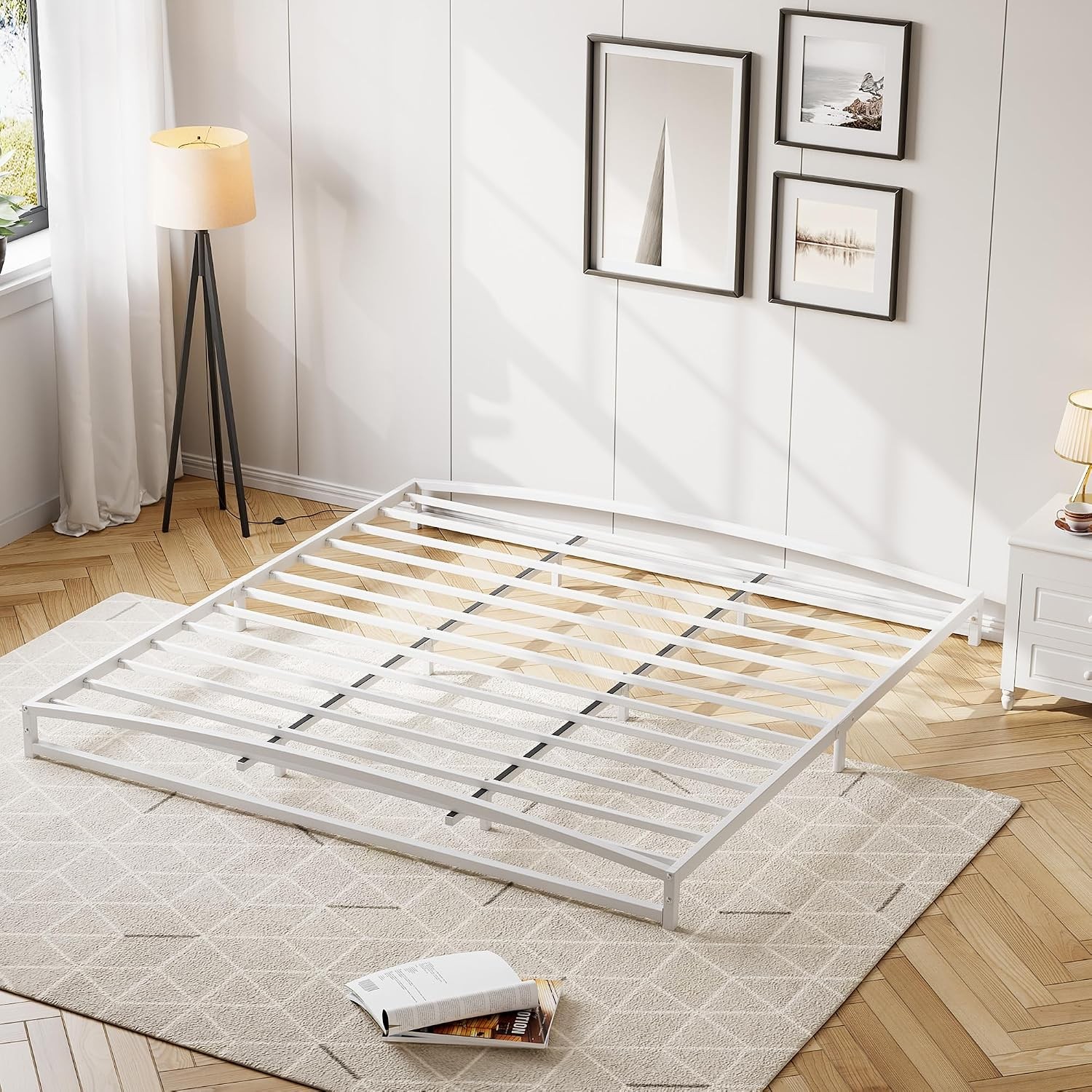 Convex Metal Bed Frame, Low Profile Steel Slat Support, Noise Free Mattress Base