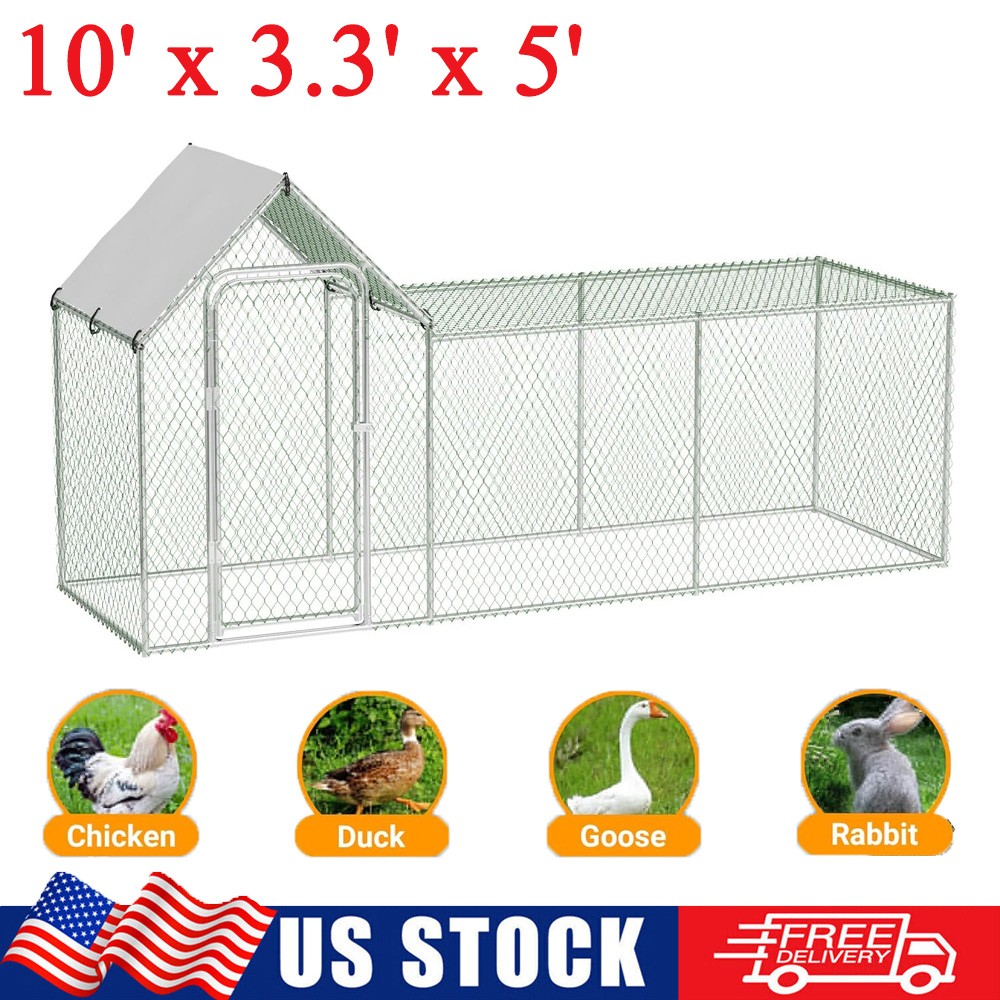 10'x3.3'x5' Chicken Coop Walk In Chicken Run Hen House Habitat Cage with Cover