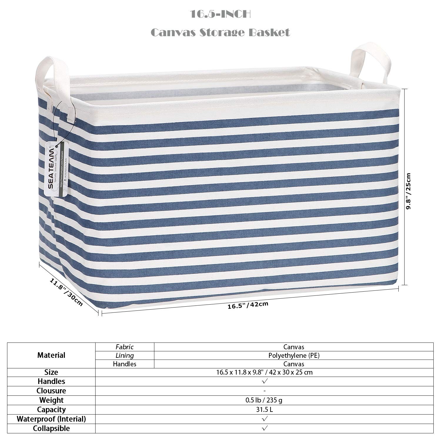 Collapsible Canvas Fabric Storage Basket with Handles, Rectangle Waterproof S...