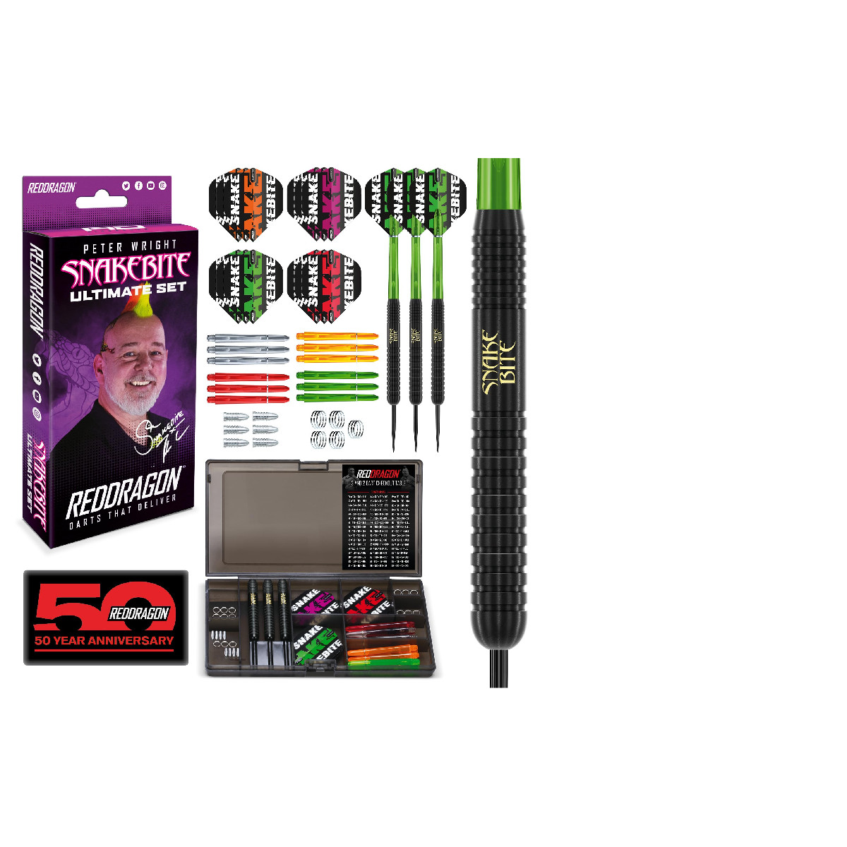 Red Dragon Peter Wright Snakebite Ultimate 50 Piece Darts Set - 22 Gram Steel