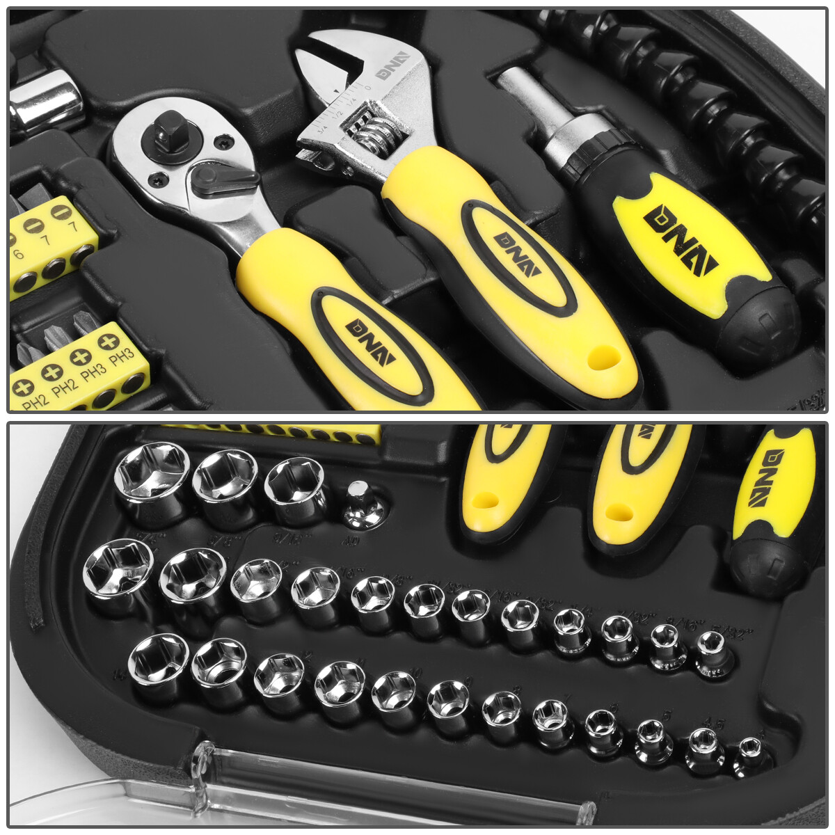 64 PCS PORTABLE FASTENER REMOVE SOCKETS SCREWDRIVER BITS HAND TOOL SET YELLOW