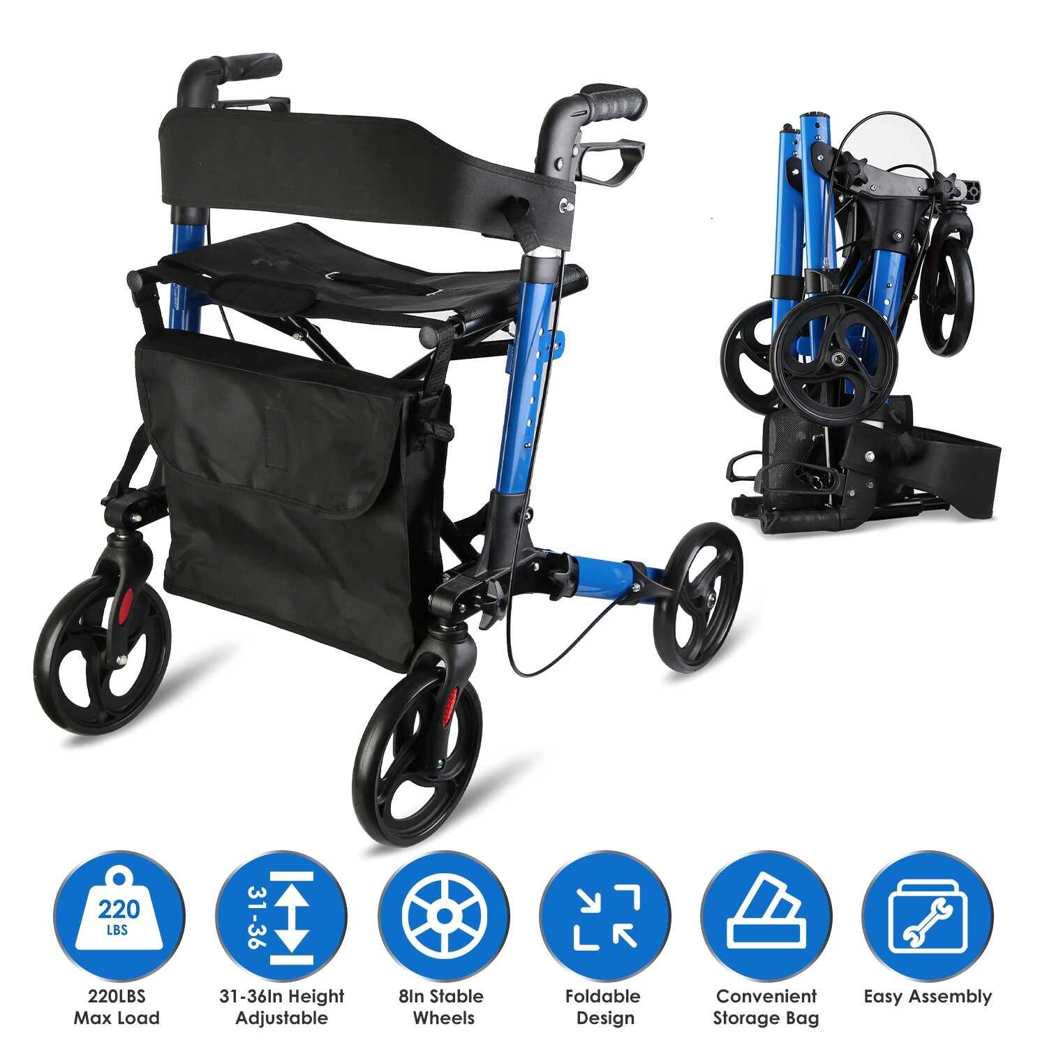 Aluminum Rollator Walker with Seat Backrest Foldable Rolling Walker with 220LBS