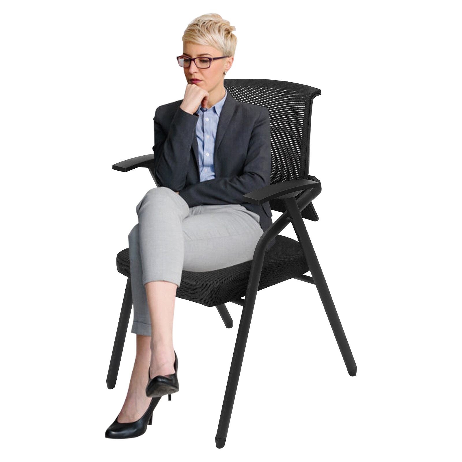 2Pcs Foldable Office Reception Guest Chair Waiting Room Chair W/ Mesh Net Back