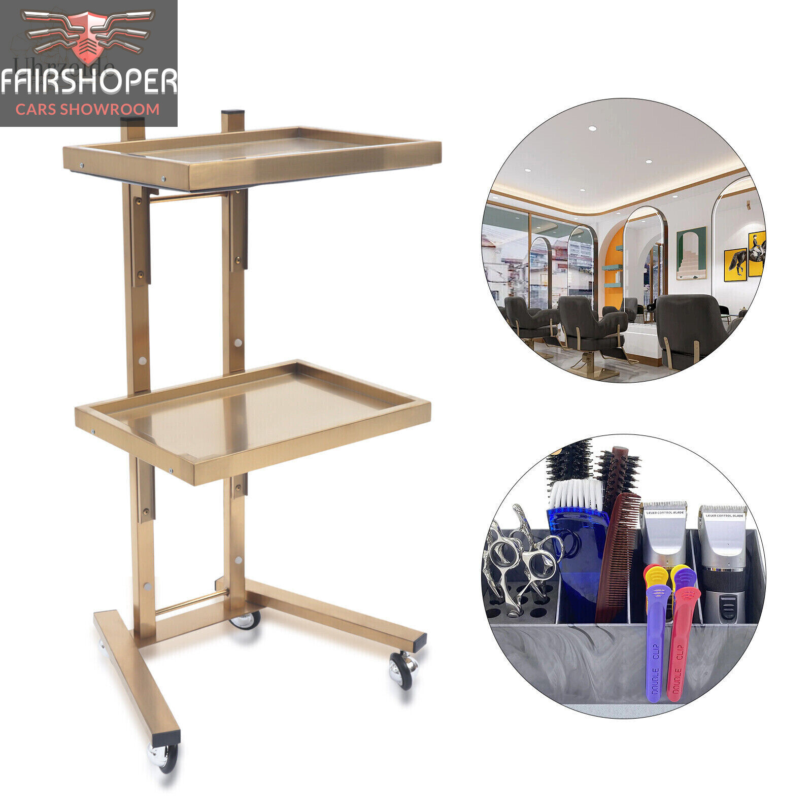 Gold Rolling Trolley Cart Tray Hair Beauty Salon Spa Storage Equipment Organizer