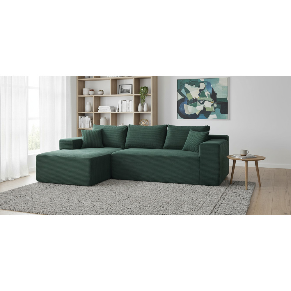 3-Seater Modular Sofa w/ Pillows, Dark Green Corduroy L-Shaped Couch