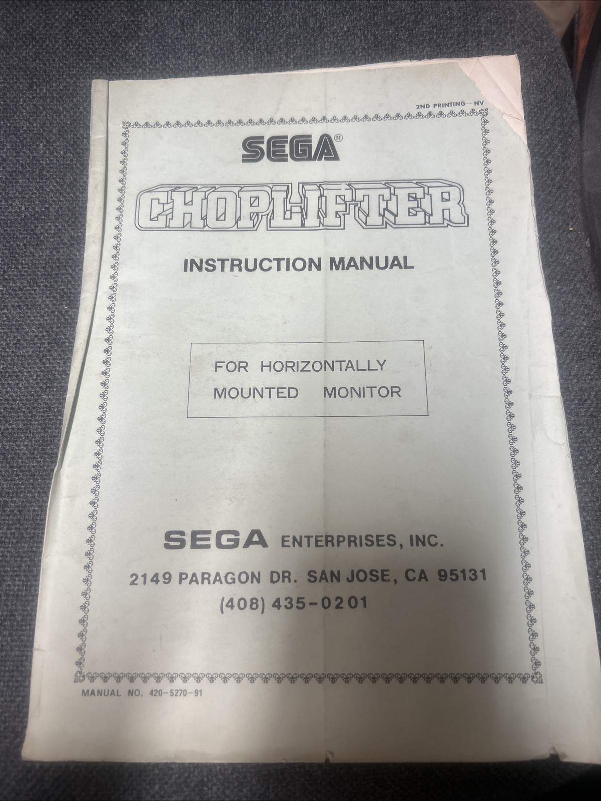 Sega CHOPLIFTER Arcade Video Game Manual - good used original