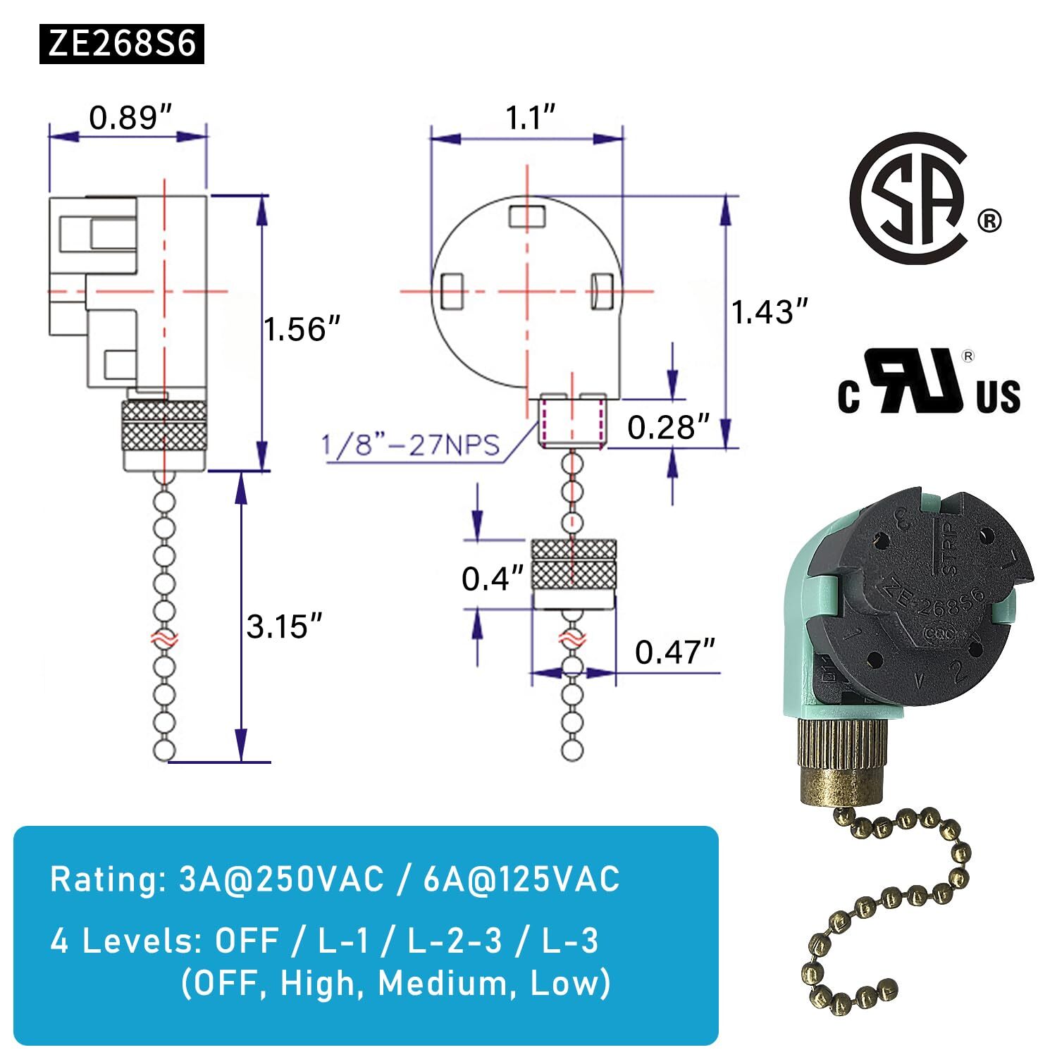 Ceiling Fan Pull Chain Switch 3 Speed 4 Wire Ceiling Fan Capacitor CBB61 4.5u...