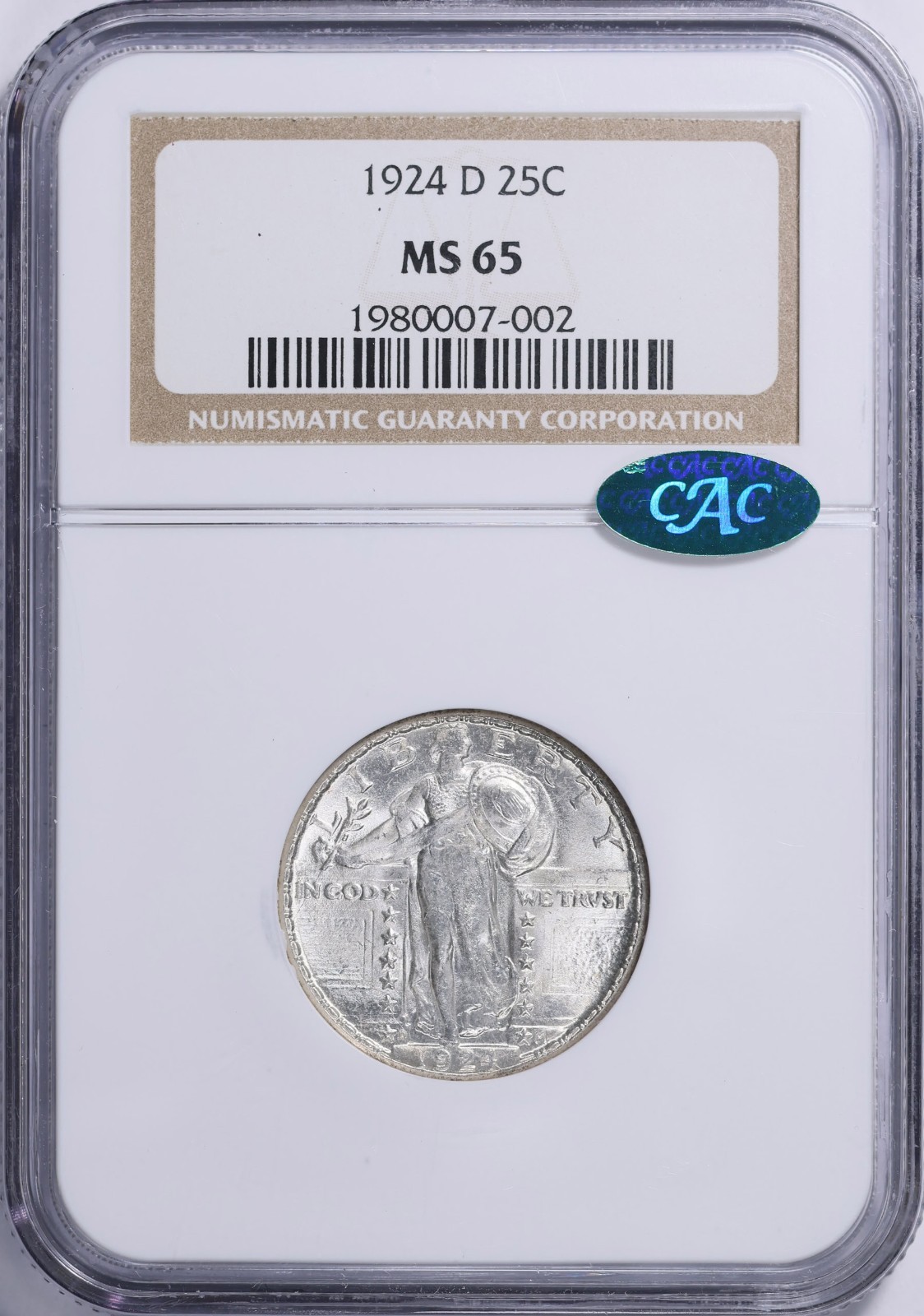 1924-D Standing Liberty Quarter : NGC MS65 CAC Blazing White
