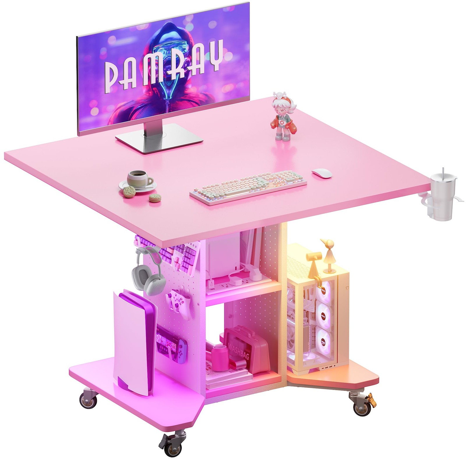 Pamray Small Gaming Desk Rolling Computer Table Pink 32 inch,
