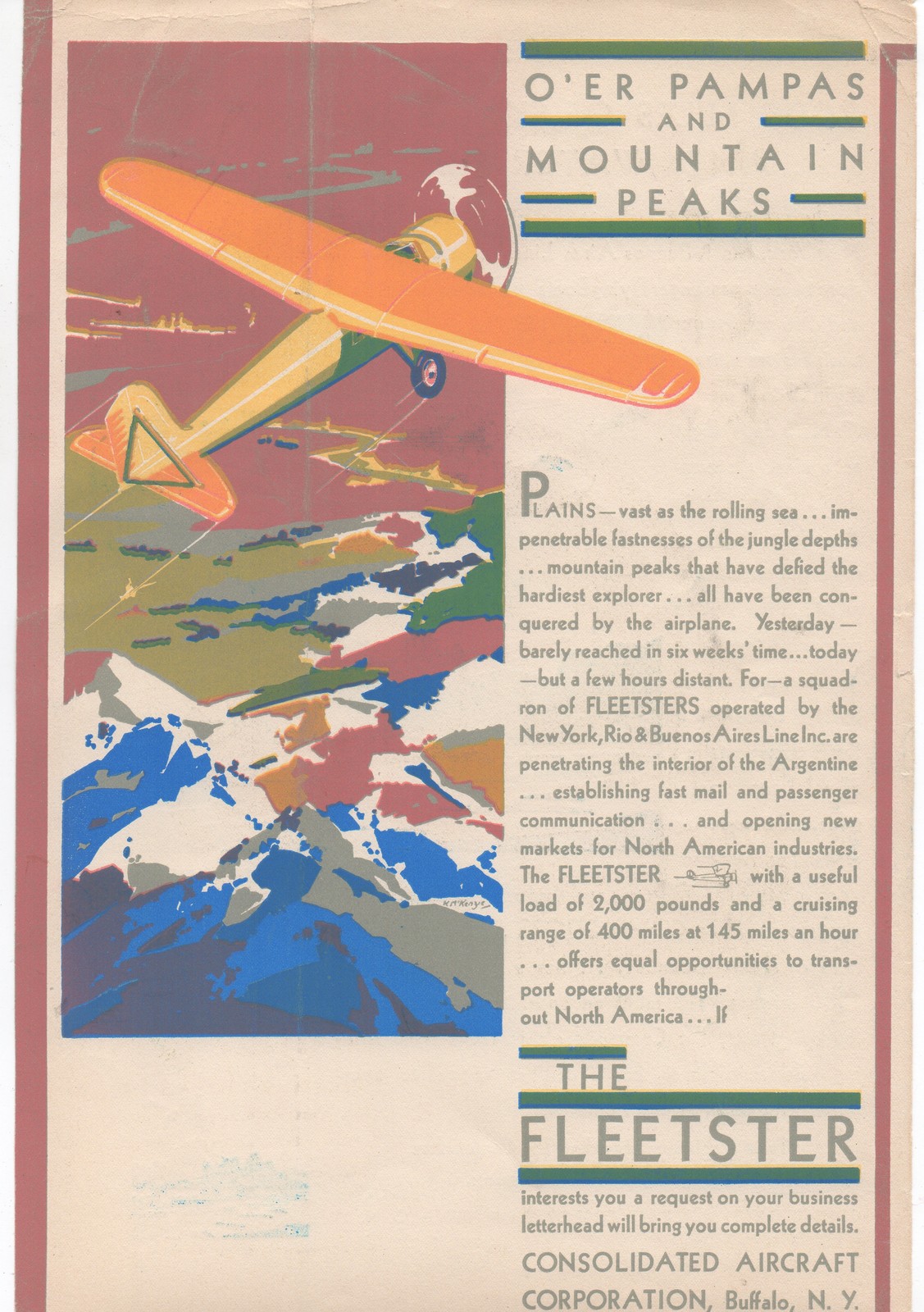 1930 Art Deco Color Advertising Flier Fleet Aircraft Co Buffalo NY Fleetster 3