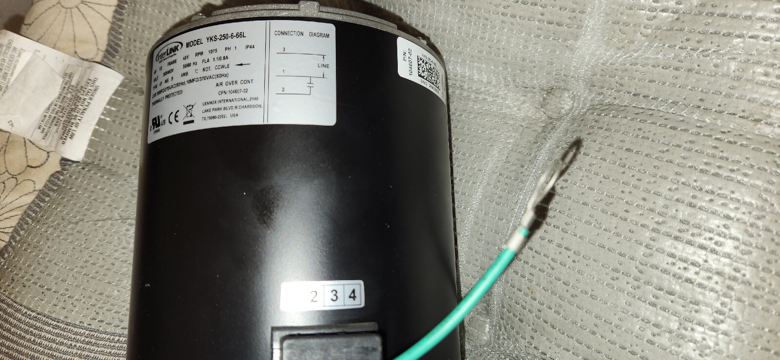 LENNOX# 14Y70#104607-02 1/3HP 460VOLT 1075 RPM CONDENSER MOTOR #YKS-250-6-66L