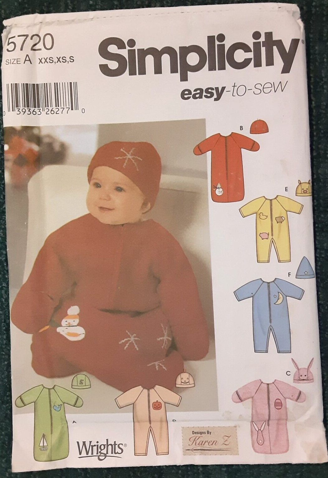 Simplicity Sewing Pattern 5720 Baby Bunting Romper & Hats Craft Project (H)
