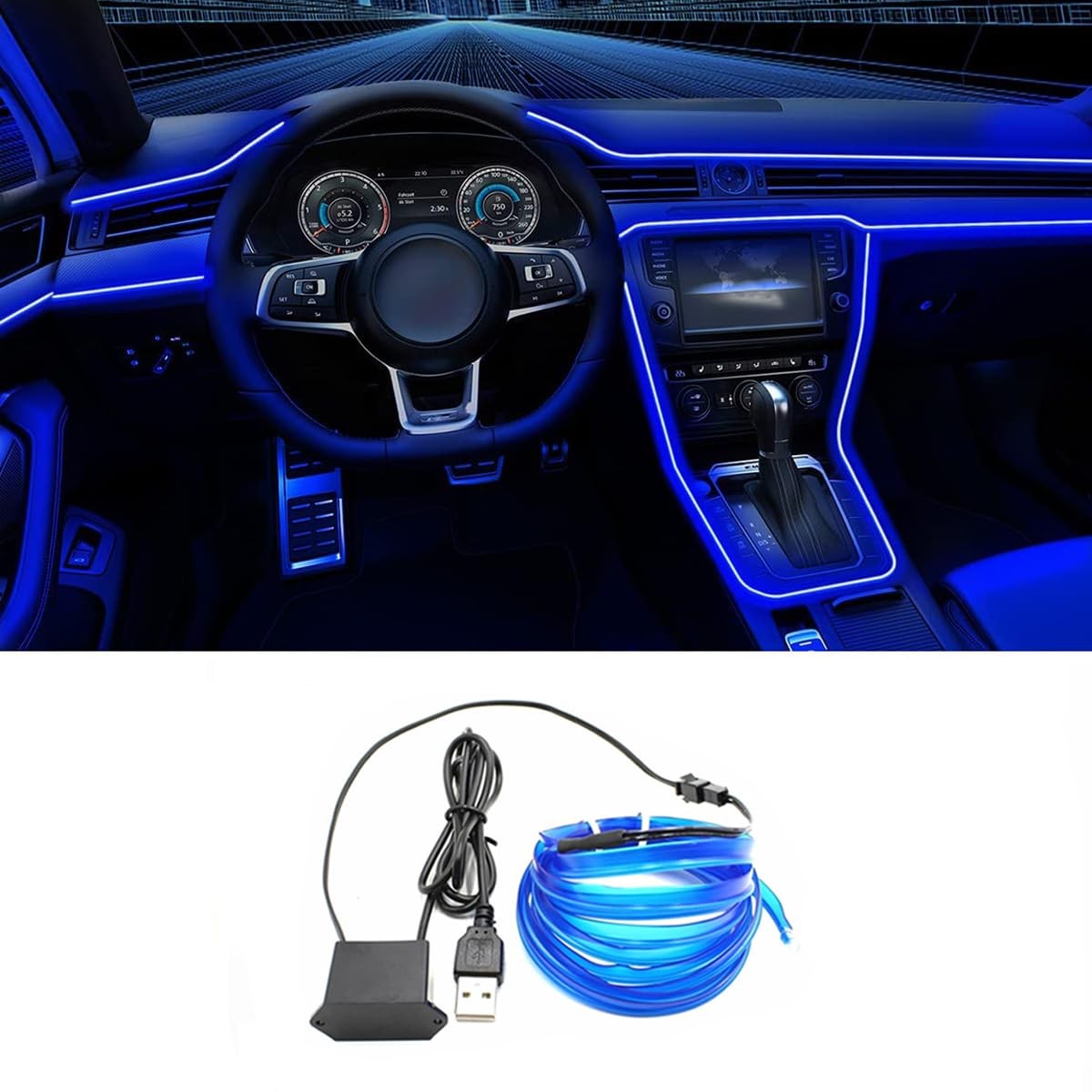 EL Wire Interior Car LED Strip Lights, 16.5FT USB Neon 5M/16.5FT, Blue