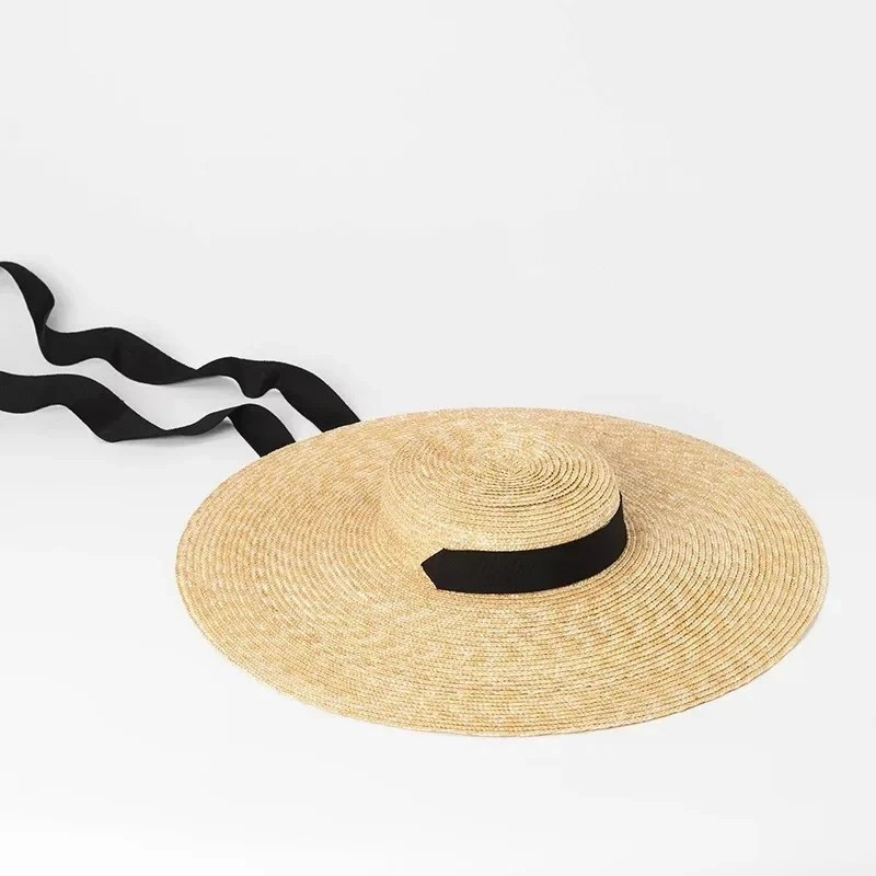 Women Large Wide Brim Straw Summer Hats Ribbon Beach Cap Boater Flat Top Sun Hat