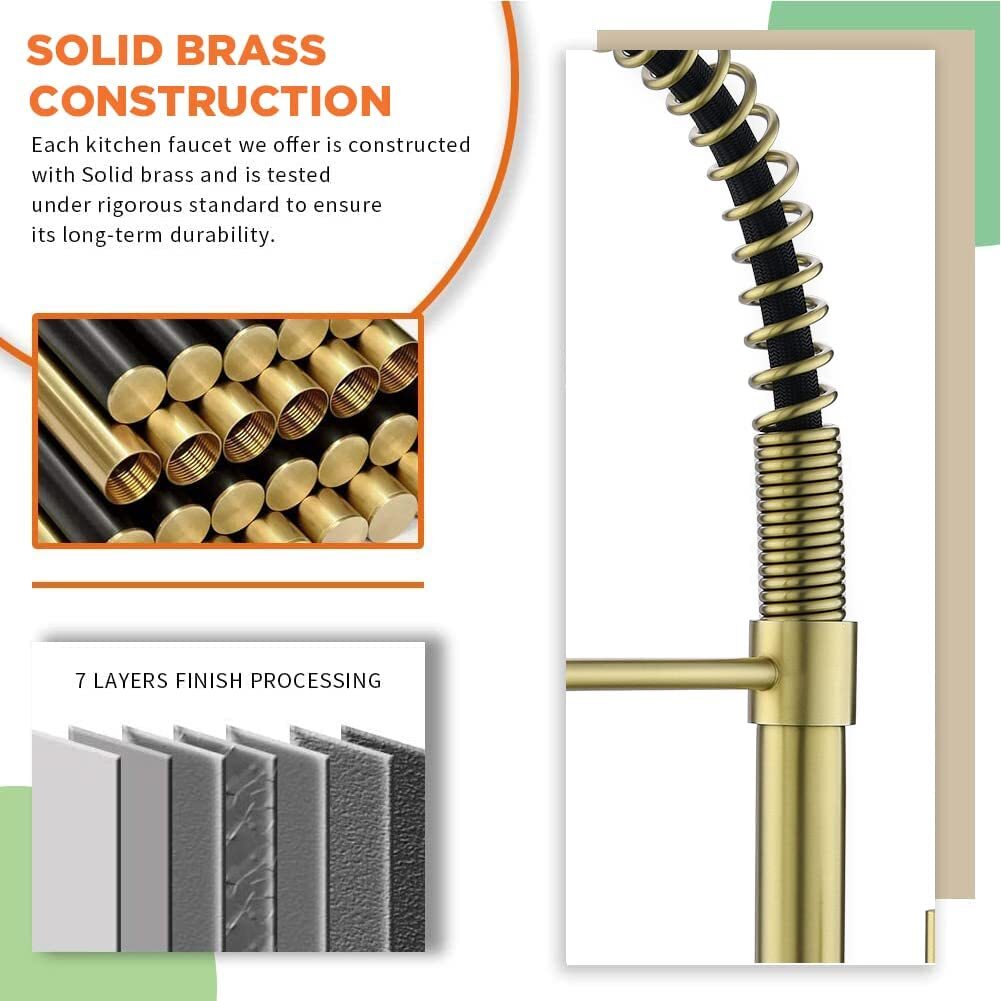 Brushed Gold Kitchen Faucet with Pull Down Sprayer Single Handle Spring Faucet