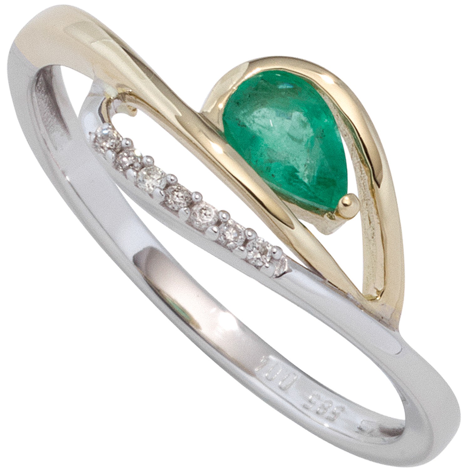 Jobo ladies' ring 585 White gold yellow gold two-tone 1 emerald green 7 diamonds brilliant