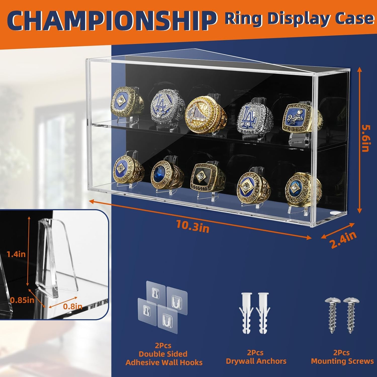 Championship Ring Display Case, 10 Slots Baseball Transparent, Black