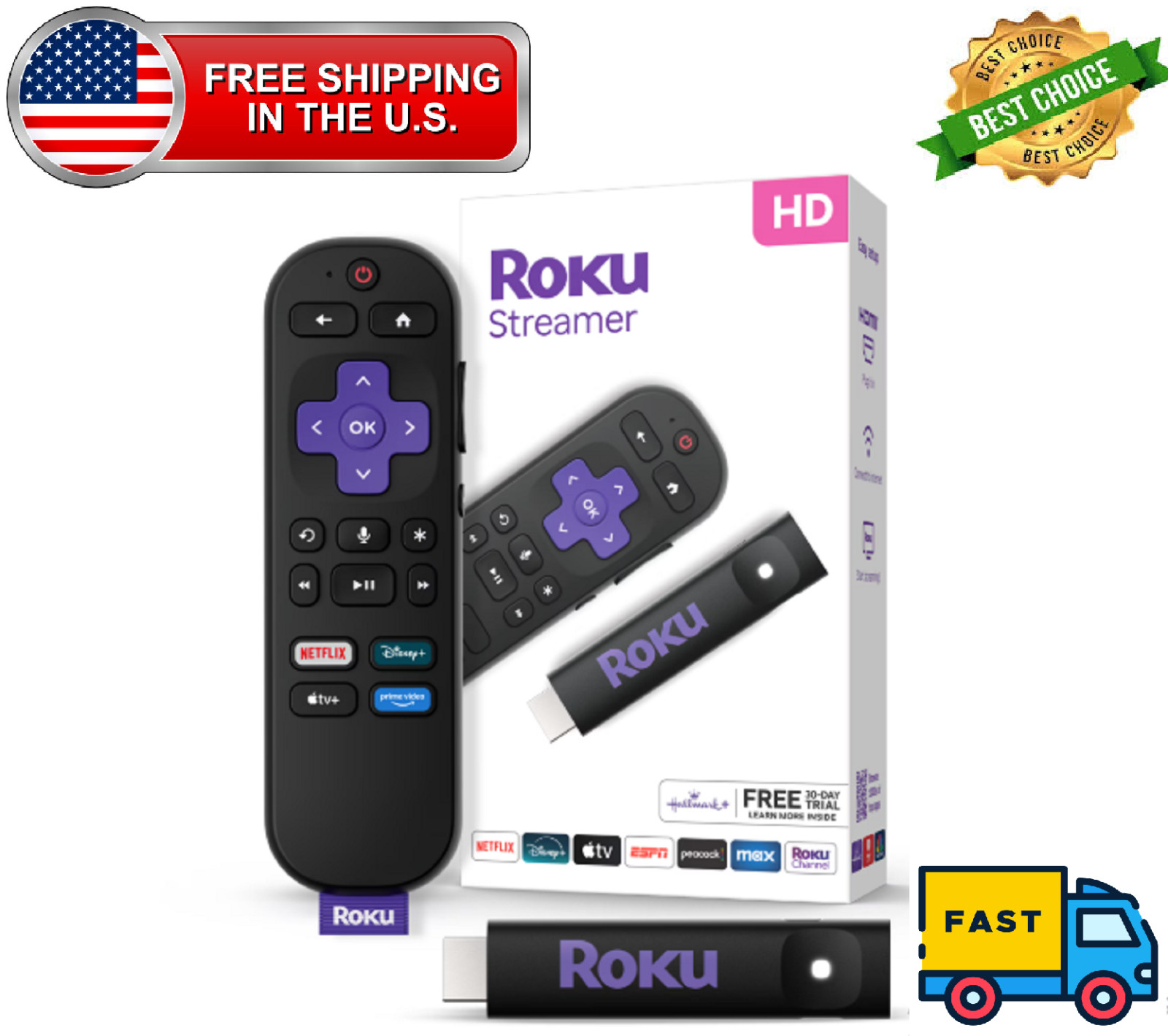 Roku Streamer- HD Roku Streaming Device for TV with Voice Remote -Free & Live TV