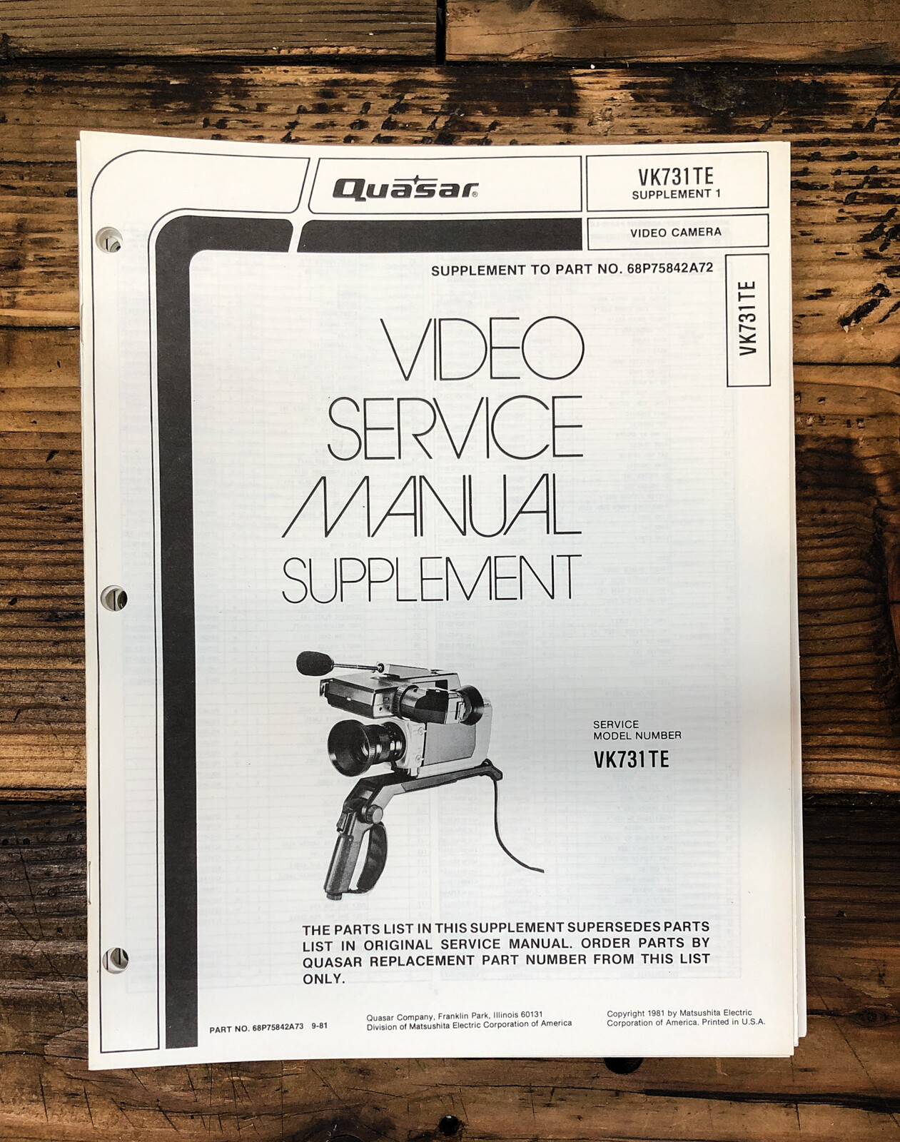Quasar VK731TE VK 731 TE Video Camera Supp. Service Manual *Original*