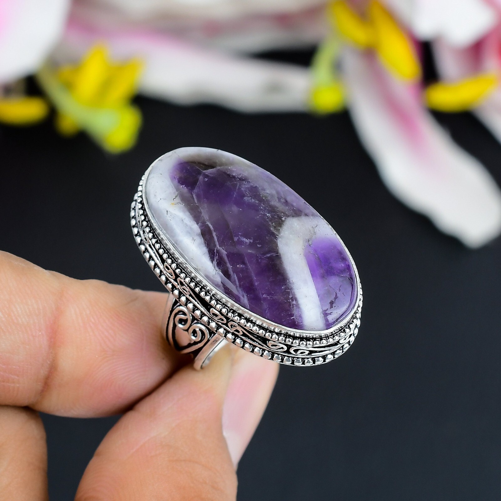 Natural Chevron Amethyst Gemstone Handmade 925 Sterling Silver Jewelry Ring