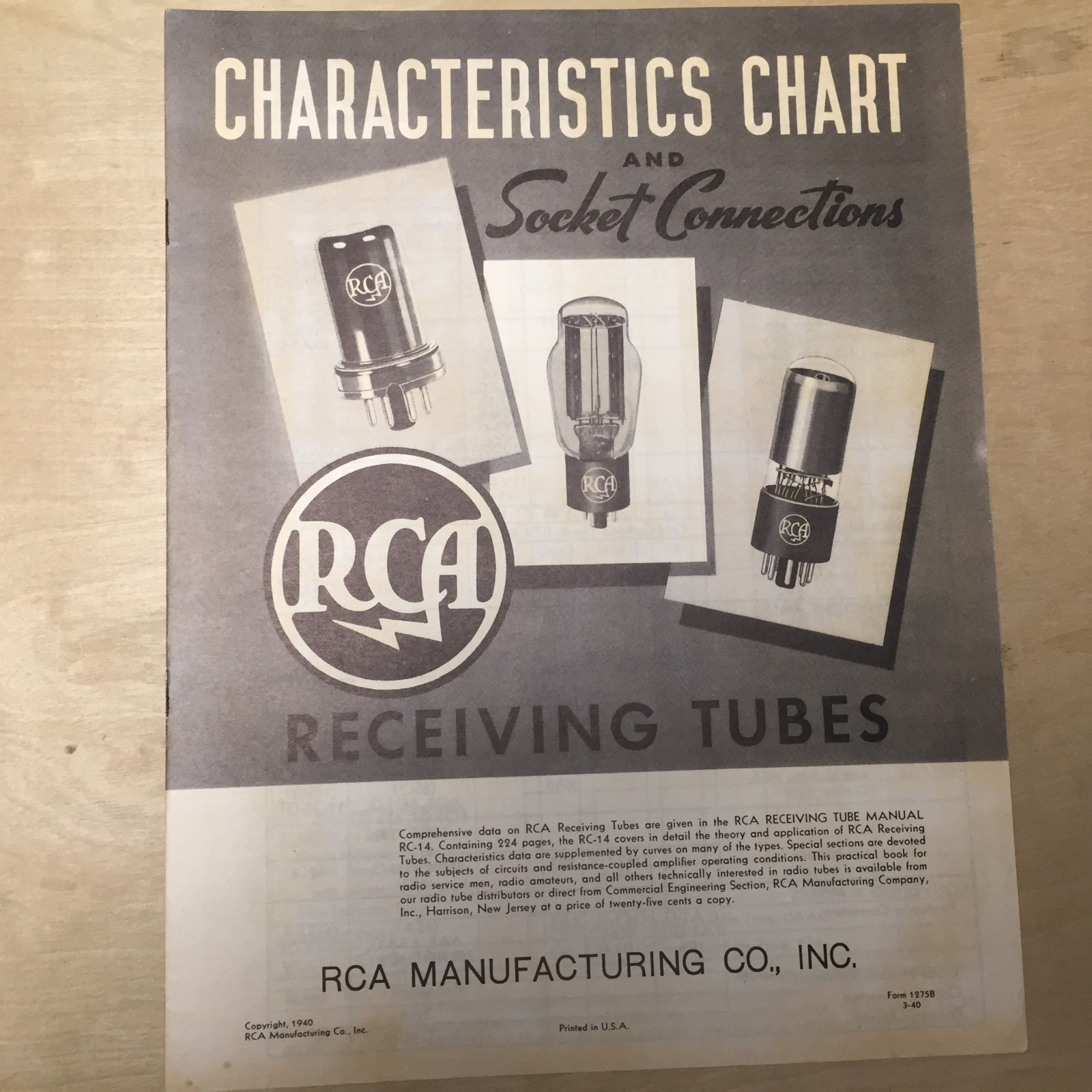 Vtg RCA Receiving Tube Catalog ~ Radio Characteristics Chart Connections 1940
