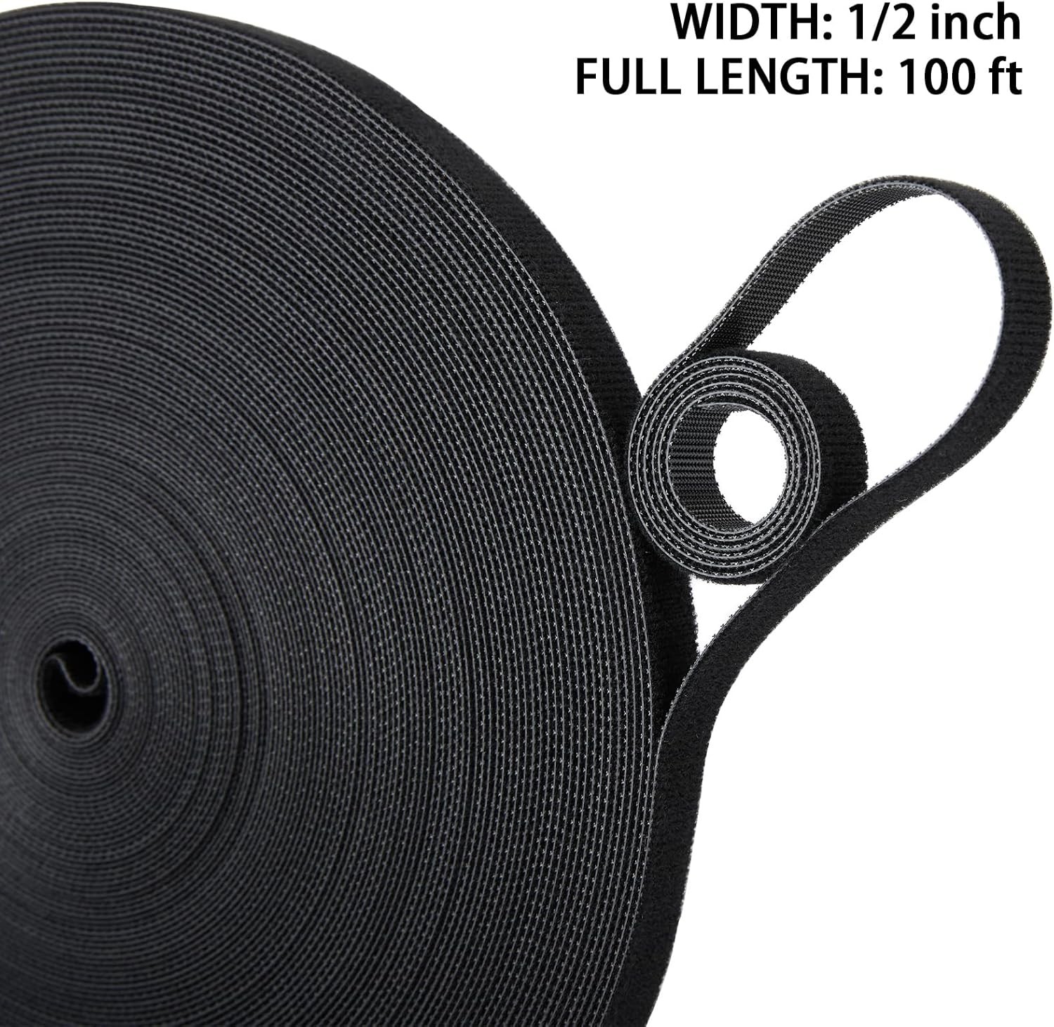 Double-Sided Hook and Loop Straps,1/2in x 100ft Black Hook and Loop Roll Double-