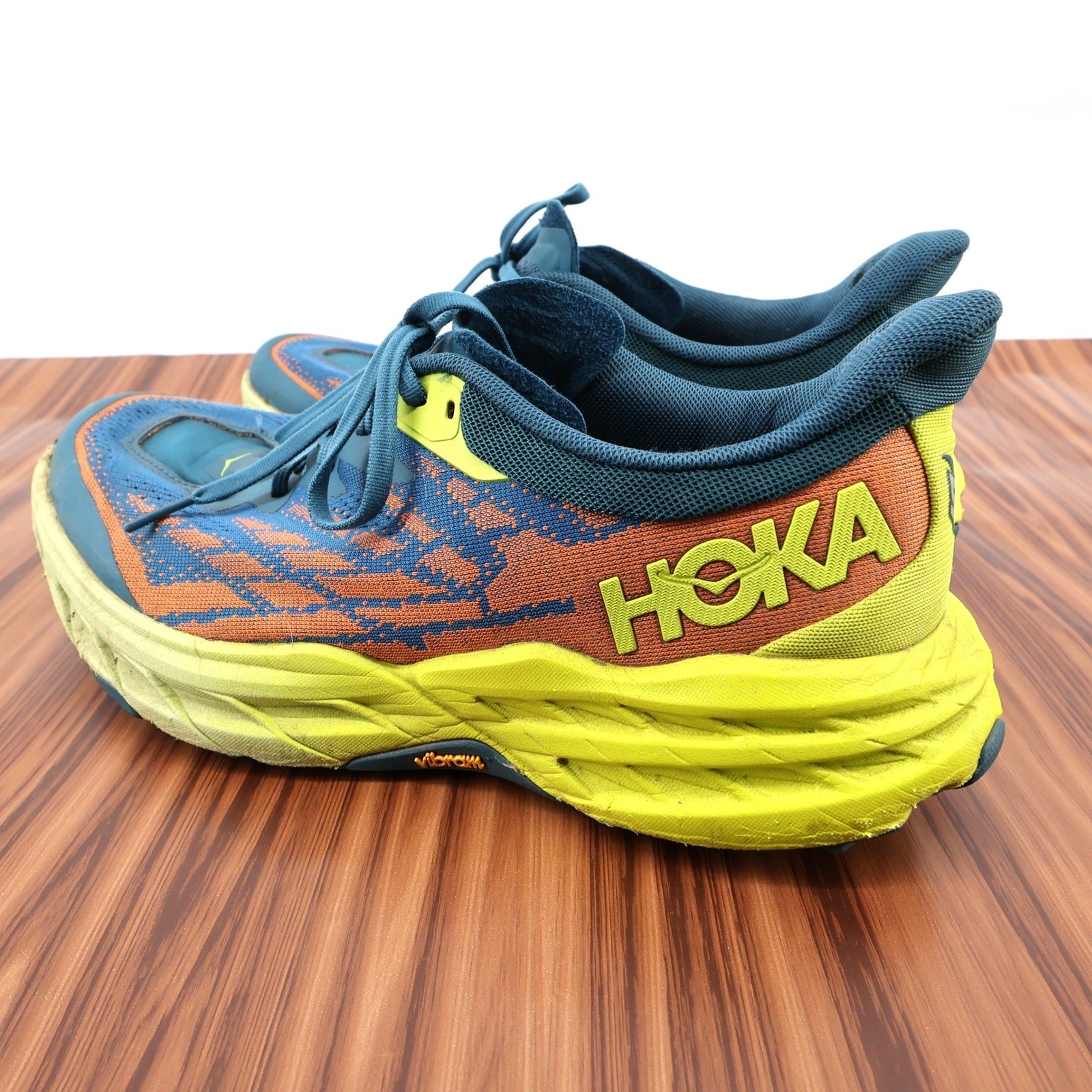 Hoka Speedgoat 5 Trail Running Shoes Orange Blue Yellow Vibram Men's Size 11