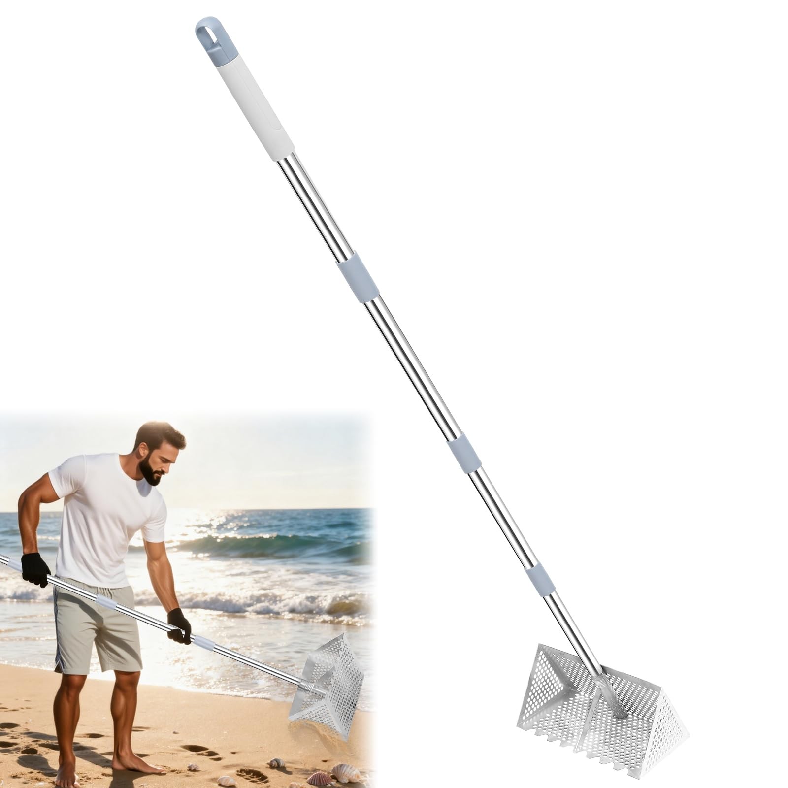 Sand Flea Rake, 65-Inch Long Handle Stainless Steel Sifter - Silver
