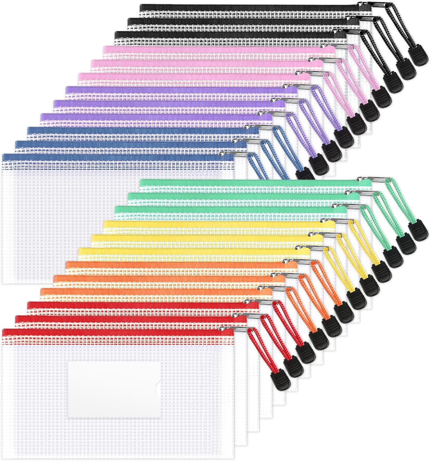 24 Pack Mesh Zipper Pouch Bags with Label Pocket, A6 (9.1×4.7 in) Small Pencil C