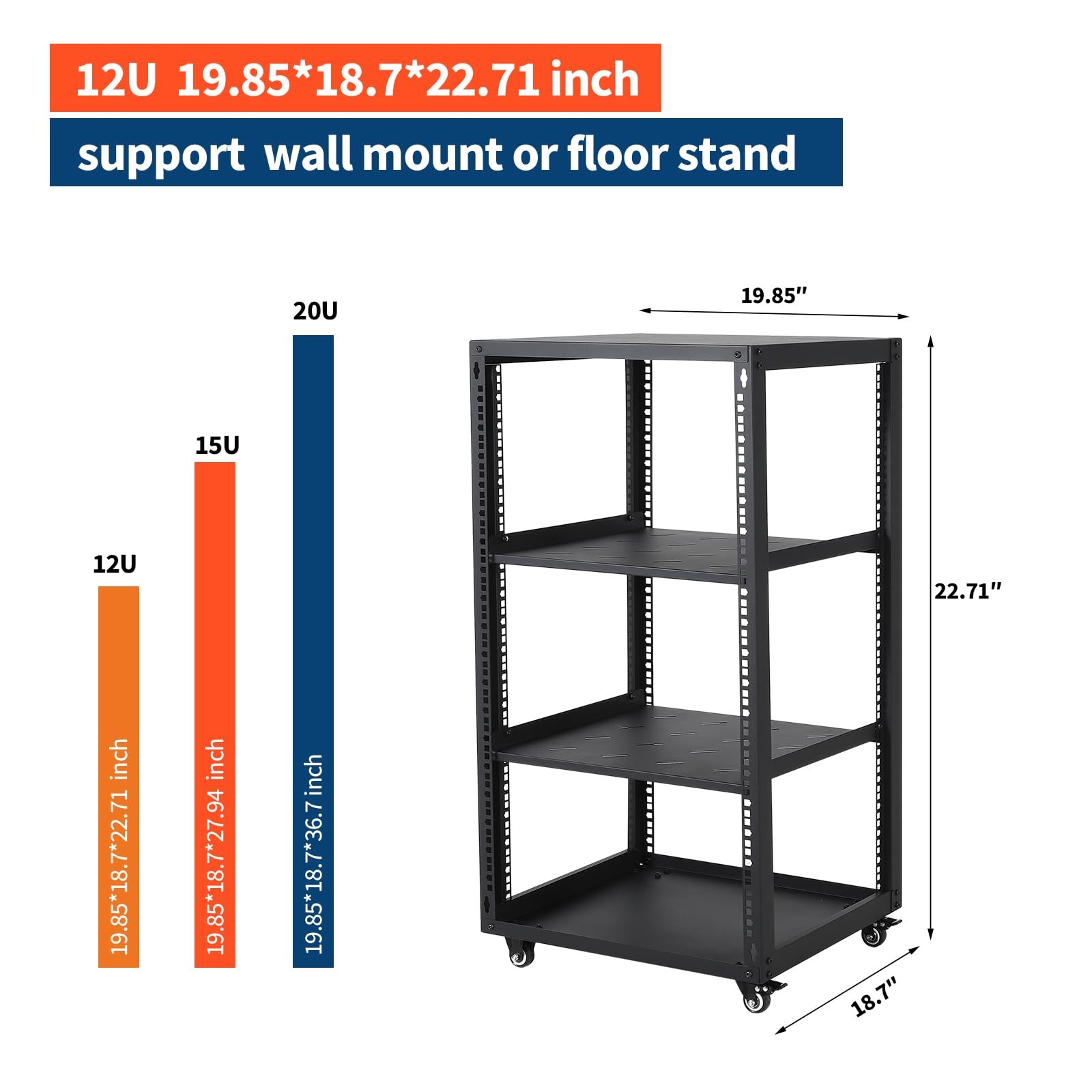 Network Rack 12U with Casters Heavy Duty Open Frame Network Server Rack For IT