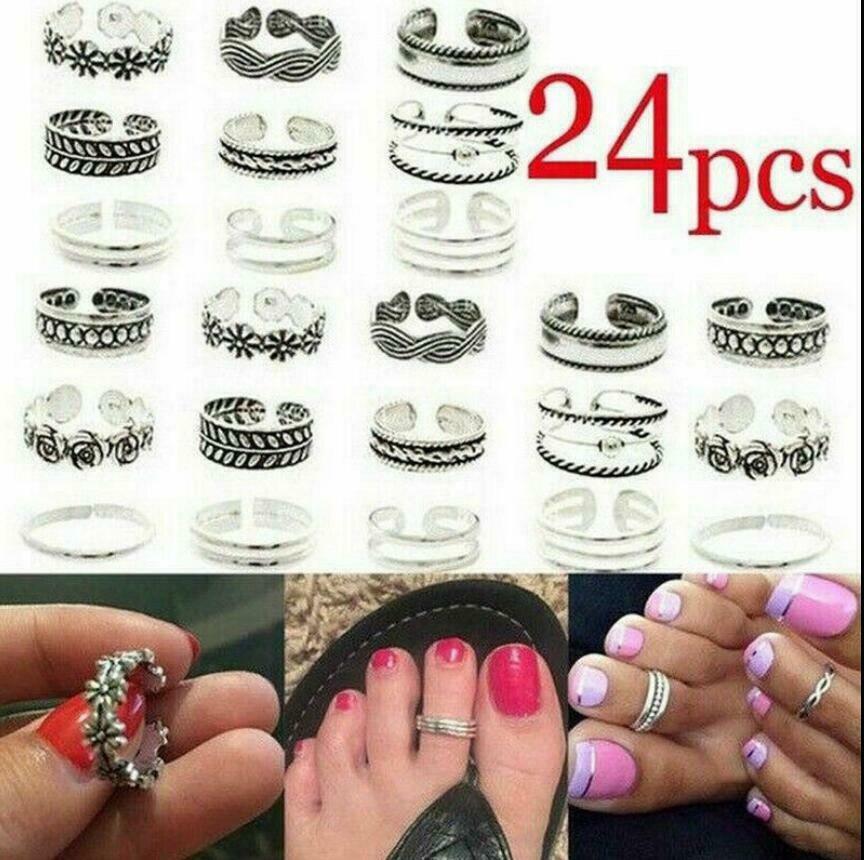 24Pcs/set Women Open Finger Punk Foot Jewelry Silver Daisy Toe Ring Retro Rings