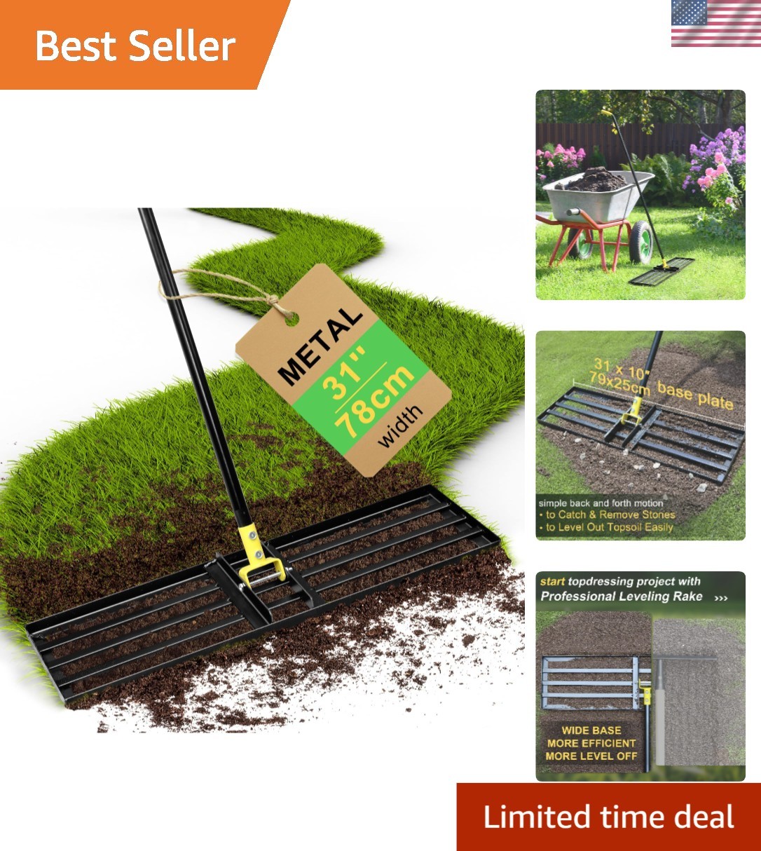 Ergonomic 31'' Lawn Leveling Rake with 72'' Handle - Durable Steel Construction