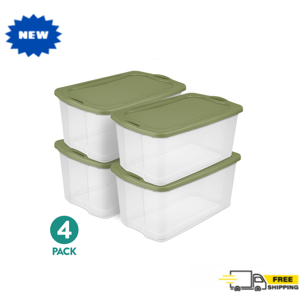 Sterilite 120 Quart EZ Carry Clear Plastic Storage Bin, Green Handles, 4-Pack