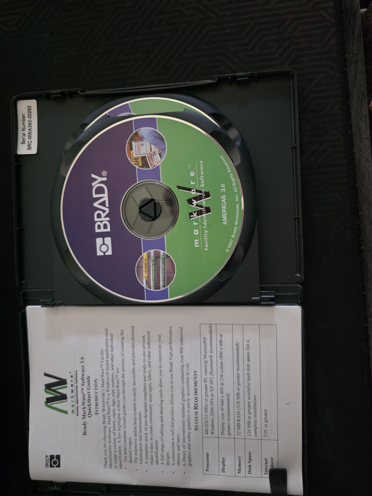 Brady Markware Facility Identification Software v3.6 BRC-MWA 20700 CD-ROM