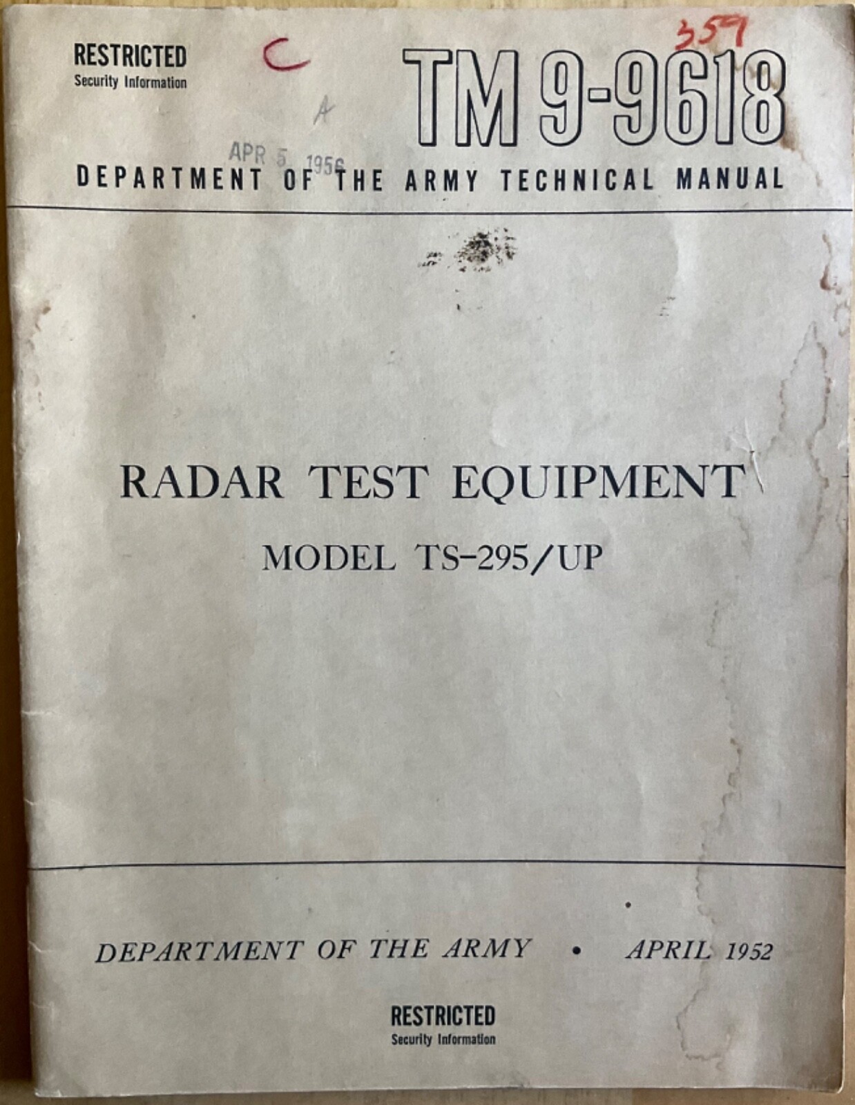 Department of Army Technical Manual: TM 9-9618 Radar Test Equip Model TS-295/UP