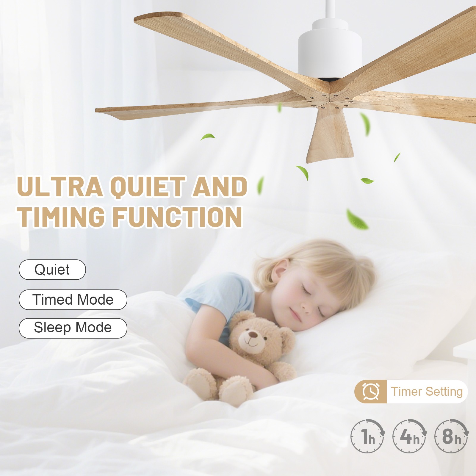 52" Solid Wood Flush Mount Ceiling Fan with Remote & Silent DC Motor Reversible