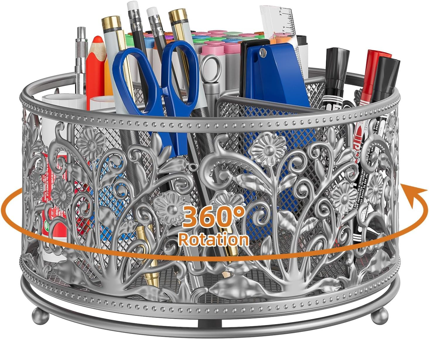 360° Rotating Metal Pencil Pen Holder 4 Compartment Floral Desk Organizer Silver