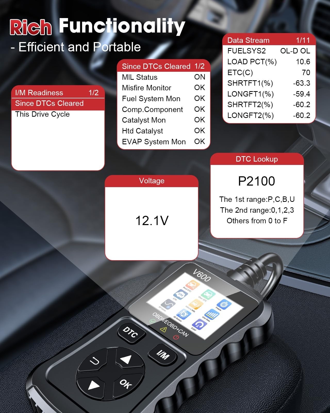 OBD2 Scanner Code Reader, Diagnostic Tool for Engine Error Codes, Voltage Test,